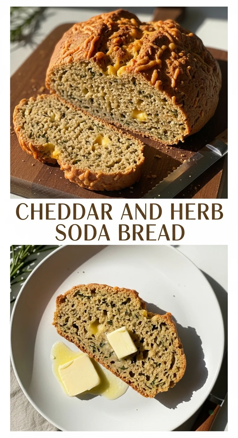 Vertical pin with two mouth-watering images of freshly baked Cheddar and Herb Soda Bread, featuring a golden-brown loaf with a crunchy crust and a close-up of the fluffy, cheesy interior, with 'Cheddar and Herb Soda Bread' text centrally placed.