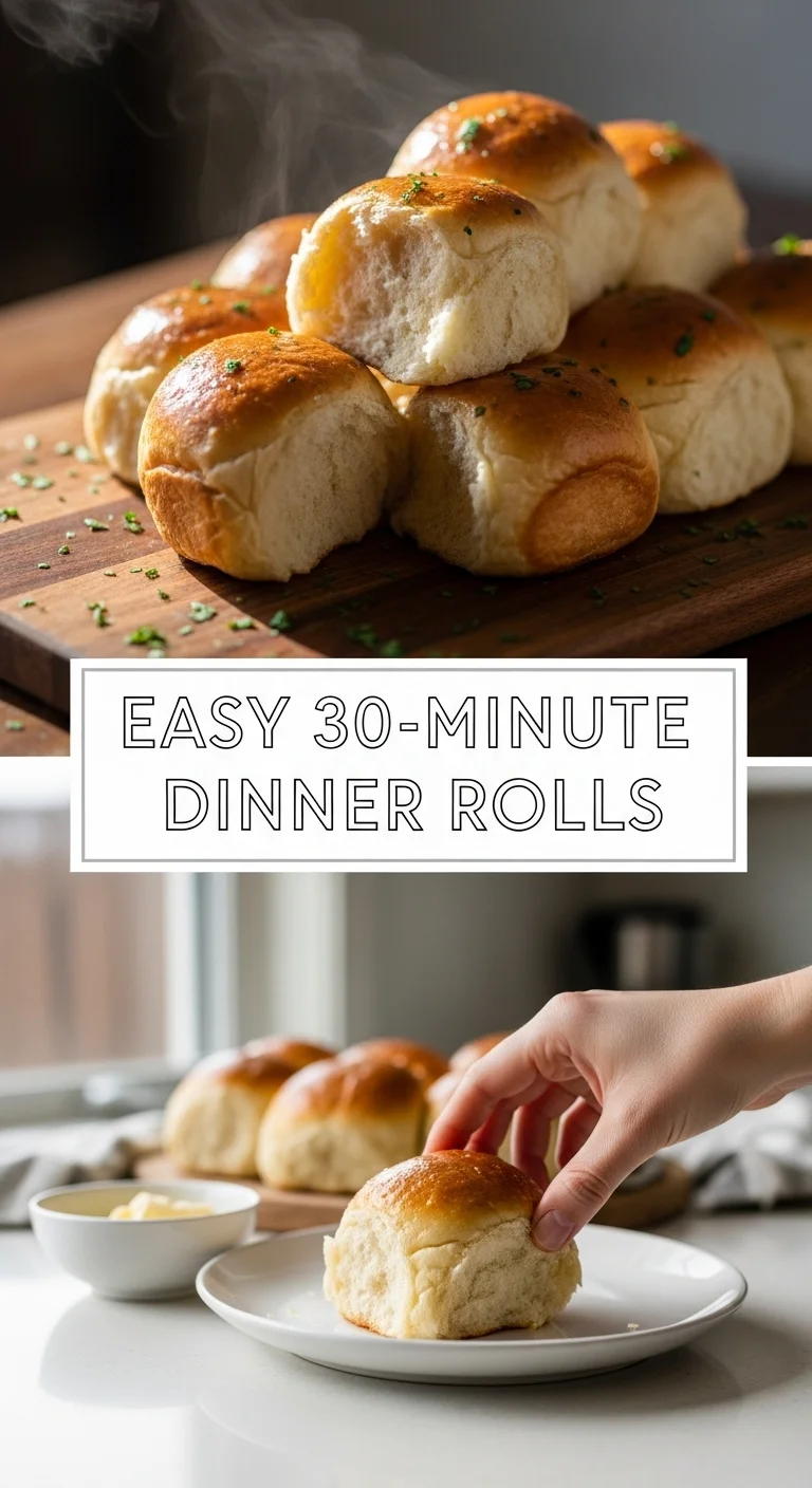 Vertical pin showing two delicious smartphone photos of golden-brown, perfectly risen Easy 30-Minute Dinner Rolls with a buttery sheen, with the text 'Easy 30-Minute Dinner Rolls' in the center.