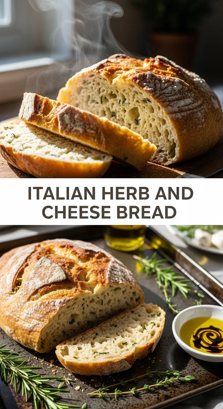 Vertical pin showing two delicious smartphone photos of a golden-brown, crusty Italian Herb and Cheese Bread, sliced open to reveal melted cheese and aromatic herbs, with the text 'Italian Herb and Cheese Bread' in the center.