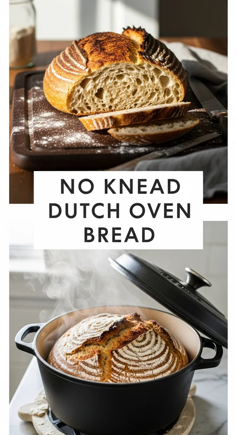Vertical pin displaying two mouth-watering close-up images of freshly baked No Knead Dutch Oven Bread – one showing its crunchy golden crust, the other its airy, soft crumb – with the main keyword 'No Knead Dutch Oven Bread' prominently centered.