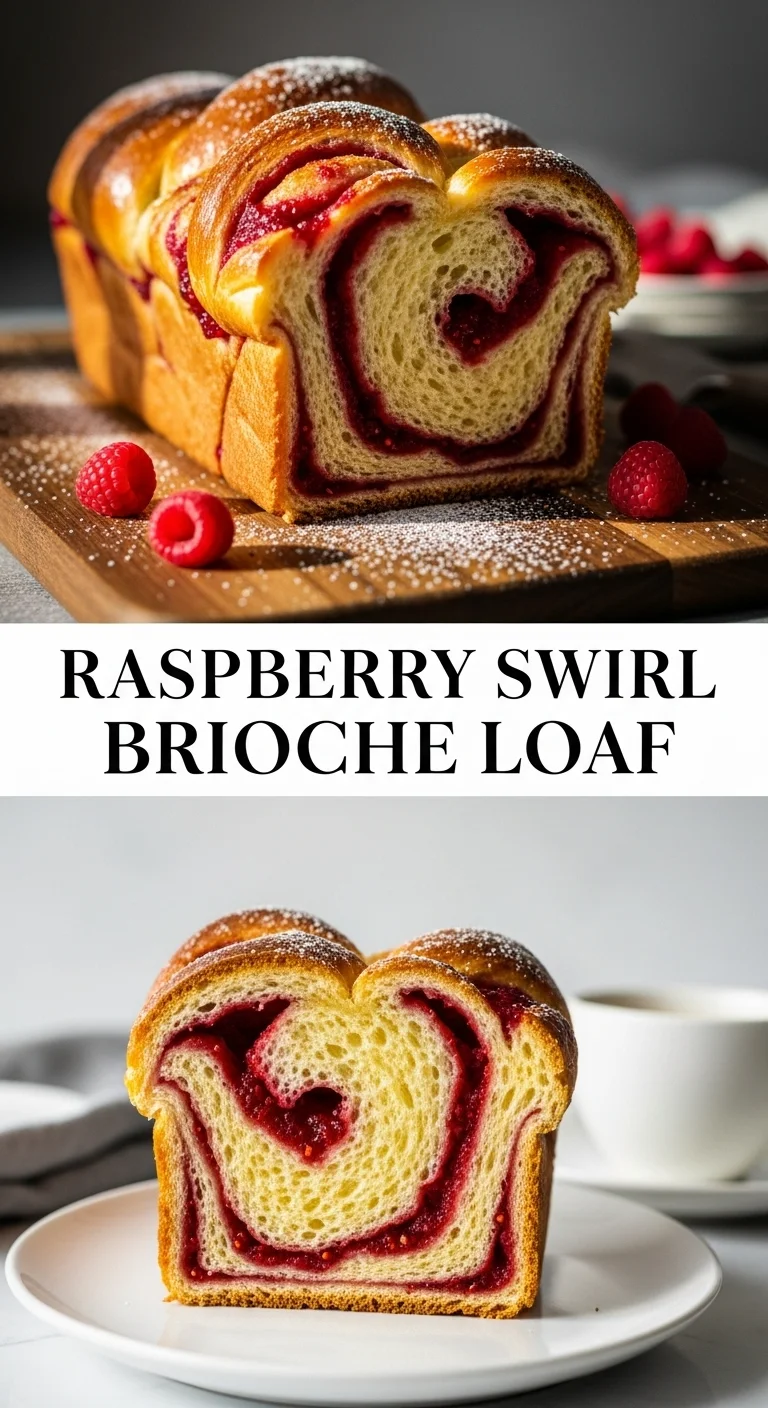 Vertical pin showing two delicious smartphone photos of a golden, tender Raspberry Swirl Brioche Loaf with vibrant raspberry swirls and a glistening glaze, with the text 'Raspberry Swirl Brioche Loaf' in the center.