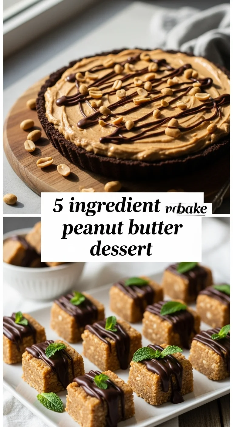 Vertical pin showing two delicious, tempting photos of rich, no-bake peanut butter dessert squares with a smooth chocolate topping, centered around the text '5 ingredient no bake peanut butter dessert'.