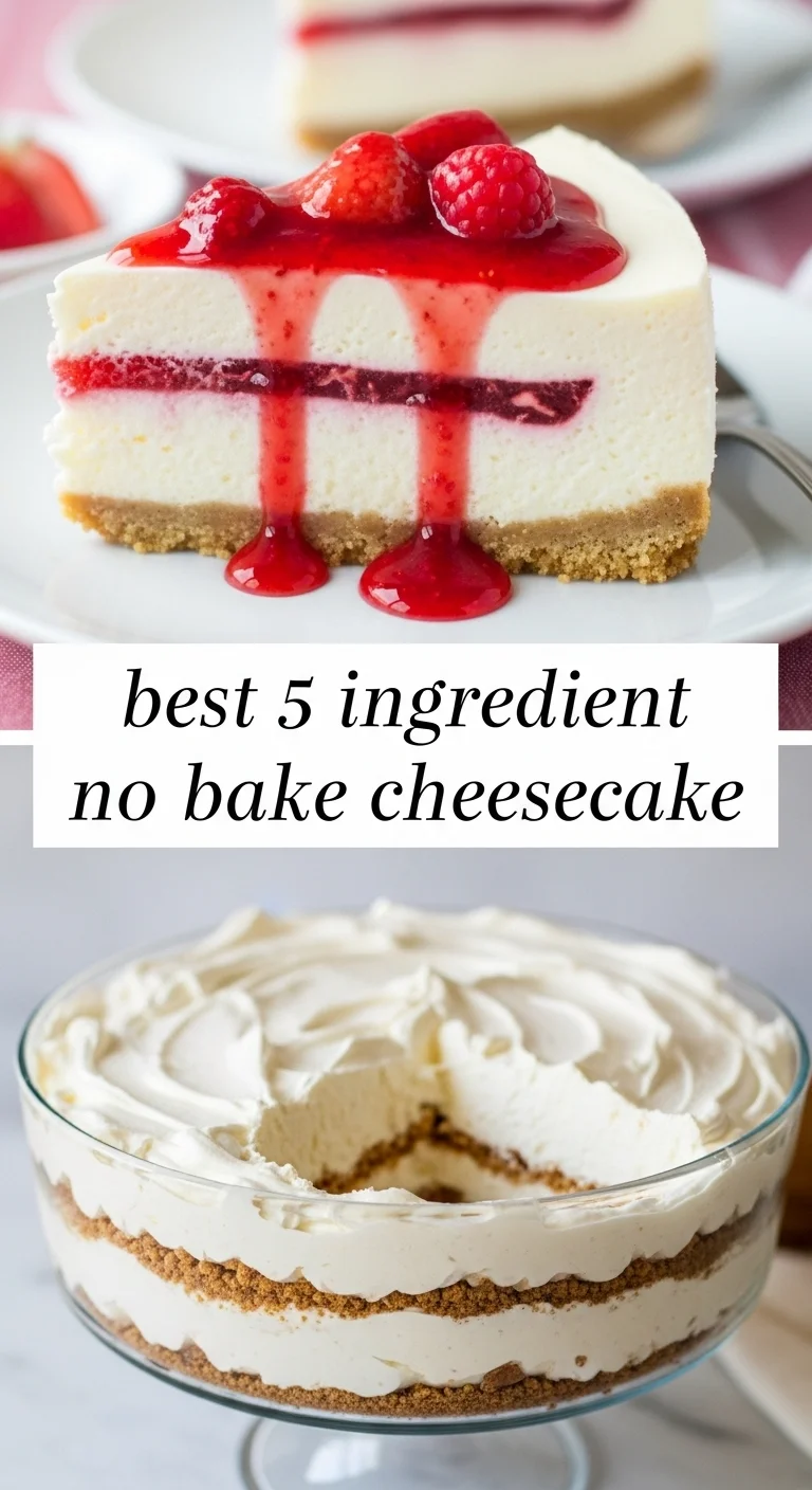 Vertical pin showing two delicious smartphone photos of a perfectly chilled, creamy no-bake cheesecake slice garnished with fresh berries and a full cheesecake, with the text 'best 5 ingredient no bake cheesecake' prominently in the center.