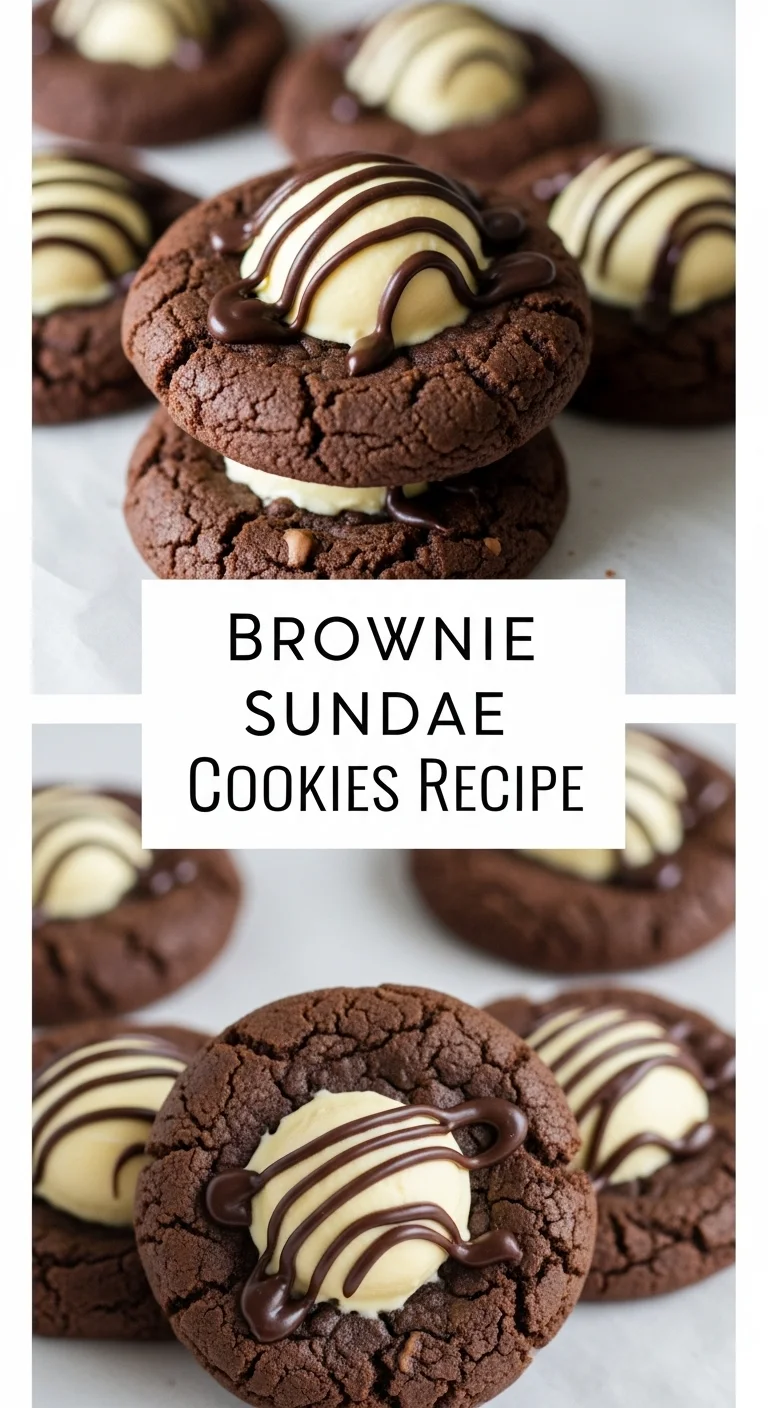 Vertical pin showing two delicious smartphone photos of gooey, chocolatey Brownie Sundae Cookies piled high with ice cream, fudge, and sprinkles. The text 'Brownie Sundae Cookies Recipe' is prominently displayed in the center.