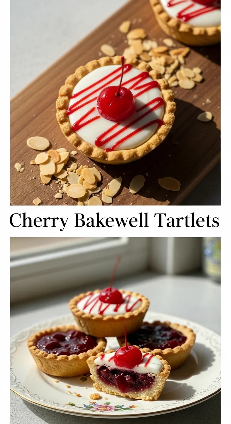A vibrant pin image featuring a vertical split layout. The top picture showcases beautifully golden-brown Cherry Bakewell Tartlets dusted with powdered sugar, revealing their rich frangipane and cherry filling. The bottom picture displays a close-up of a single tartlet, highlighting the flaky pastry and juicy red cherries. The main keyword 'Cherry Bakewell Tartlets' is prominently displayed in the center, making these perfect for afternoon tea or any special treat.