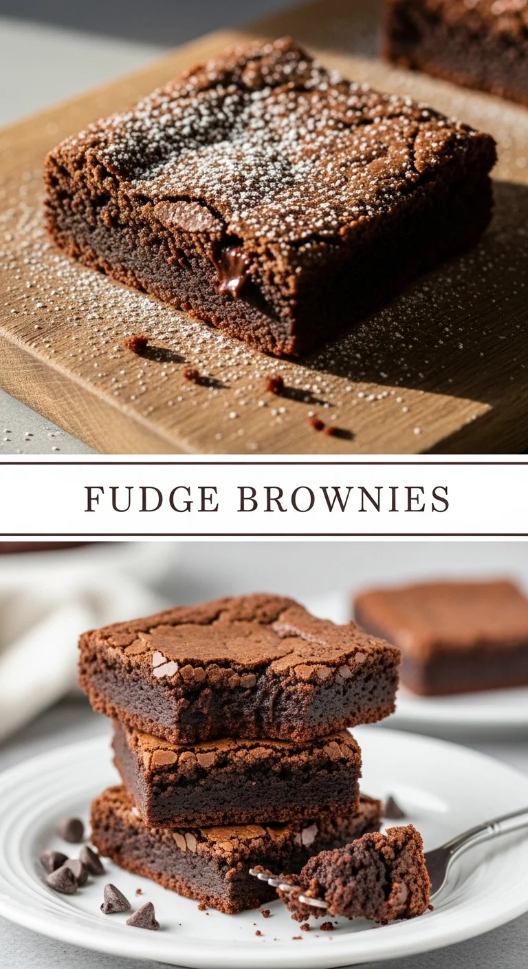 Vertical pin showing two mouth-watering photos of rich Fudge Brownies. The top image captures their shiny, crinkly tops, while the bottom reveals a decadent, gooey interior. The words 'Fudge Brownies' are centered between the two images.