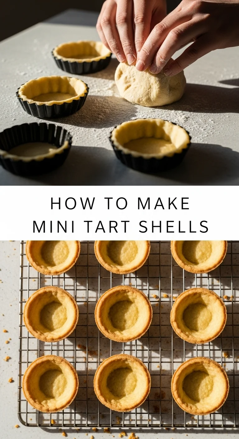A Pinterest pin image featuring a vertical split layout. The top half shows beautifully golden-brown, flaky mini tart shells ready to be filled, while the bottom half displays raw dough being pressed into tart molds. The text 'HOW TO MAKE MINI TART SHELLS' is prominently displayed in the center. These versatile, buttery shells are perfect for creating impressive party appetizers or delightful mini desserts.