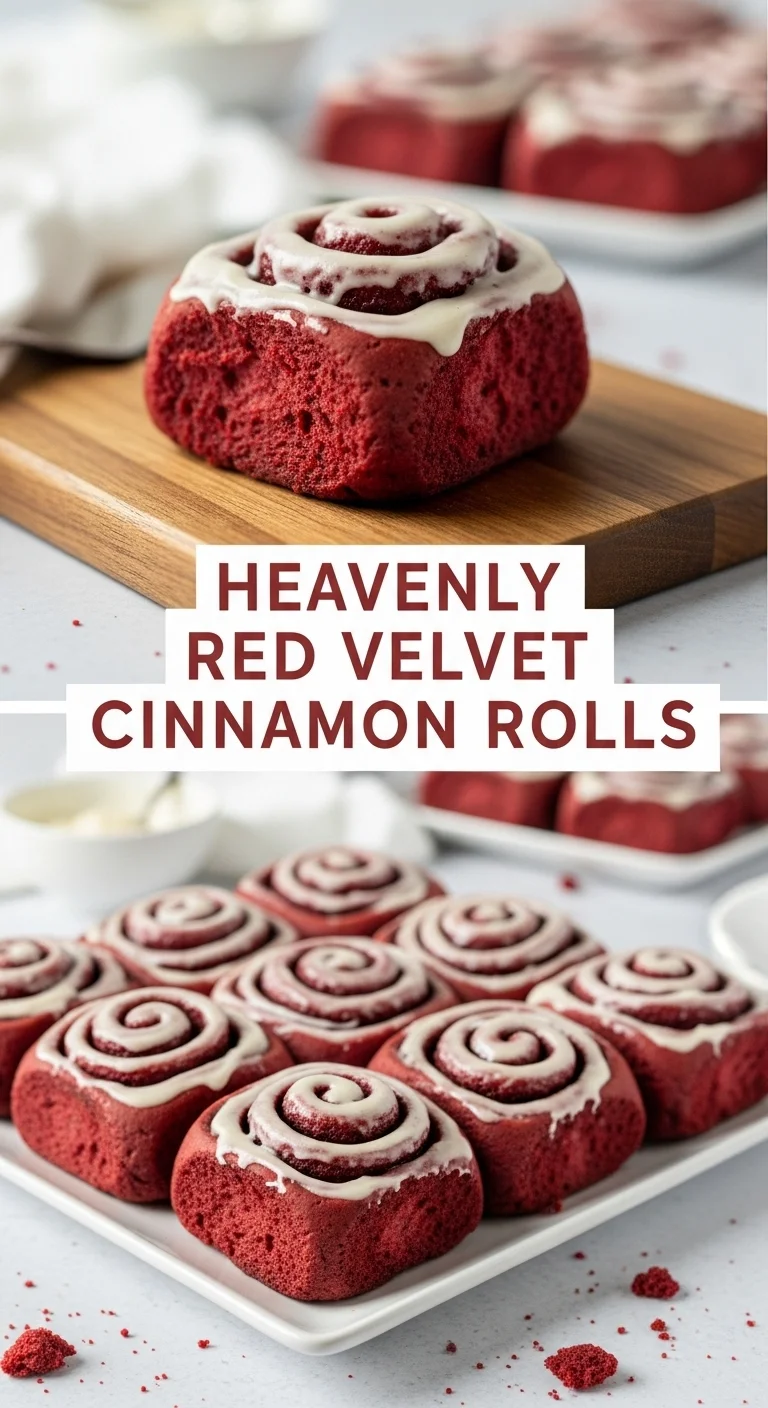 A vertical split layout image featuring two mouth-watering pictures of Heavenly Red Velvet Cinnamon Rolls, with the text 'Heavenly Red Velvet Cinnamon Rolls' prominently displayed in the center. The rolls are generously slathered in creamy white frosting, showcasing their vibrant red color, perfect for a romantic Valentine's Day.