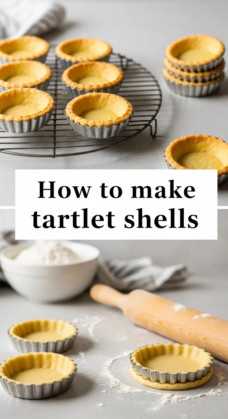 A visually striking Pinterest pin with a vertical split layout. The top image displays freshly baked, golden-brown tartlet shells cooling, revealing their perfectly crisp edges. The bottom image features a close-up of a finished tartlet, beautifully filled with colorful fresh berries, glistening and ready to enjoy. Centered between the images, the bold text 'How to make tartlet shells' guides viewers to discover the ultimate guide for creating these delightful, flaky pastry bases for any occasion.