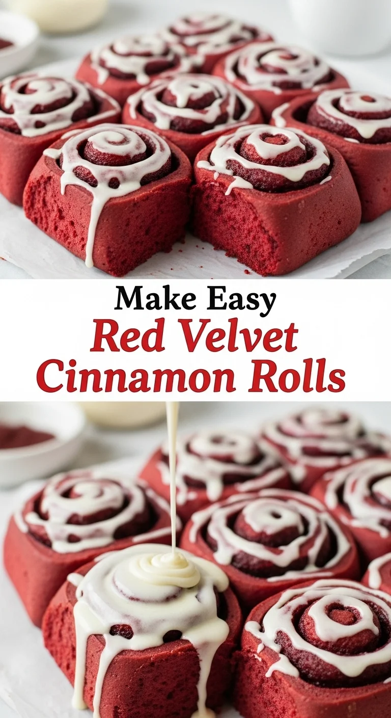 Vertical pin showing two delicious smartphone photos of gooey, cream cheese frosted Red Velvet Cinnamon Rolls with the text 'Make Easy Red Velvet Cinnamon Rolls' in the center.