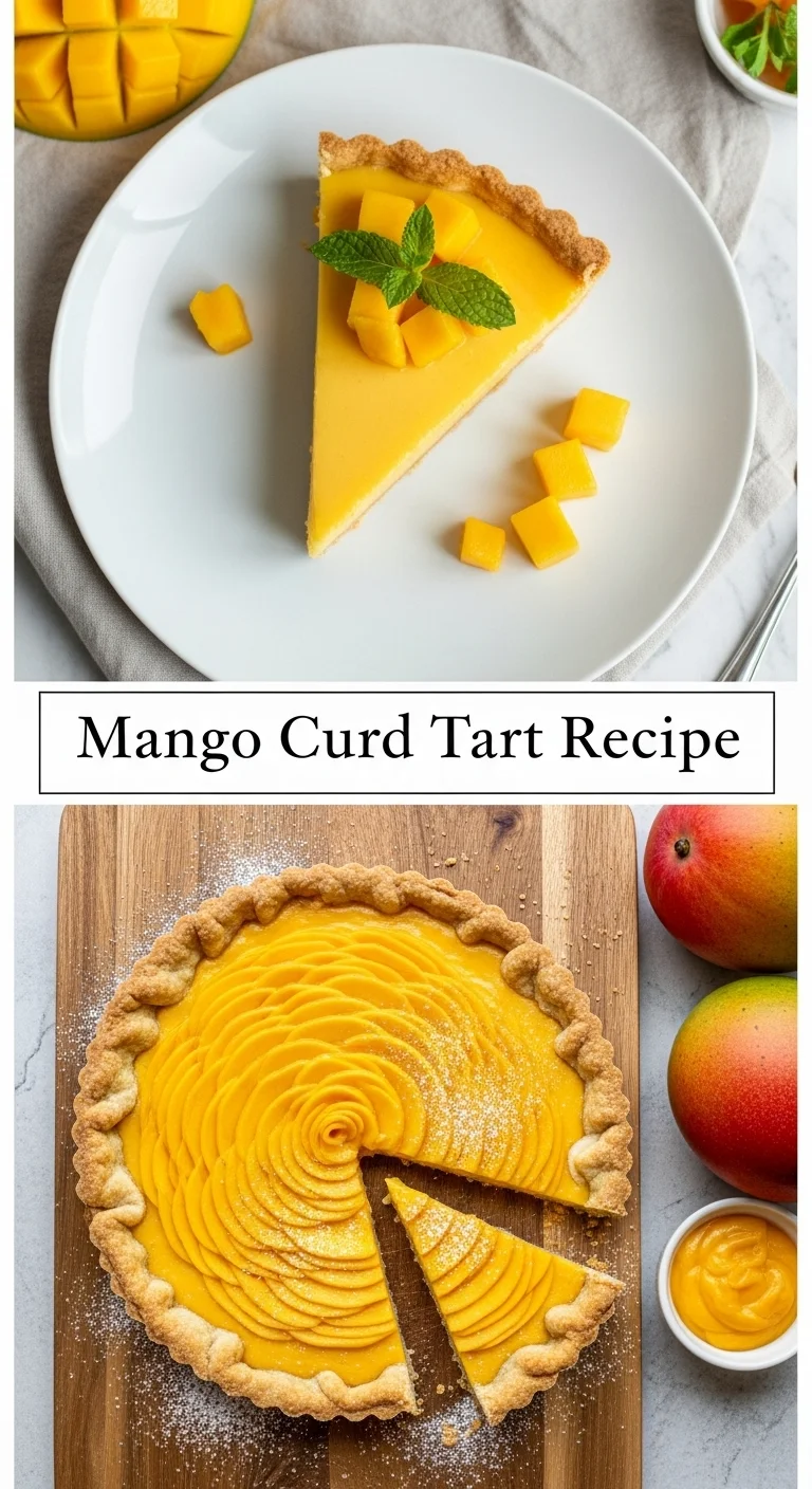 A visually appealing vertical split layout pin featuring two distinct images of a vibrant Mango Curd Tart. The top image showcases a beautifully sliced Mango Curd Tart with its golden curd and flaky crust, garnished with fresh mango cubes. The bottom image displays a close-up of the tart's rich, smooth mango curd filling. The main keyword 'Mango Curd Tart Recipe' is prominently displayed in the center, inviting viewers to explore this amazing tropical dessert, perfect for any special occasion or a delightful treat.
