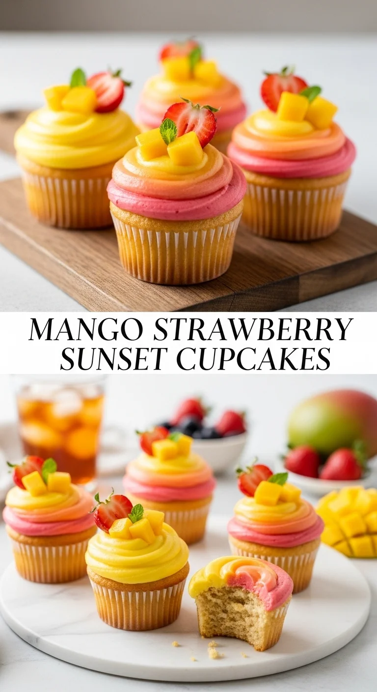 Vertical pin showing two delicious smartphone photos of vibrant Mango Strawberry Sunset Cupcakes, each topped with a delicate swirl of creamy frosting and garnished with fresh mango and strawberry slices, with the main keyword 'Mango Strawberry Sunset Cupcakes' prominently displayed in the center.