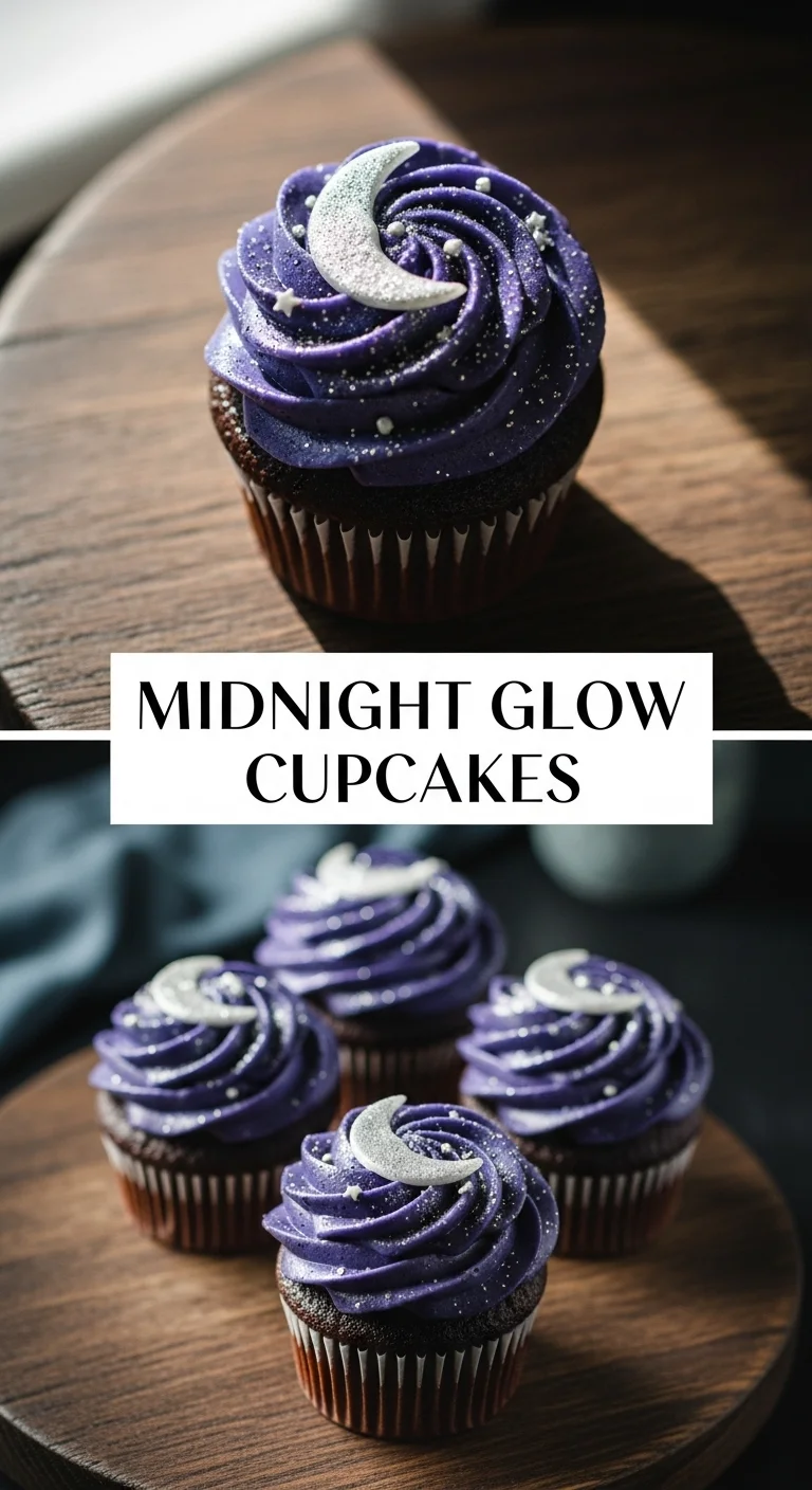 Vertical pin showing two delicious smartphone photos of richly dark chocolate Midnight Glow Cupcakes, each topped with a swirl of shimmering, deep indigo frosting and edible glitter, with the text 'Midnight Glow Cupcakes' illuminated brightly in the center.