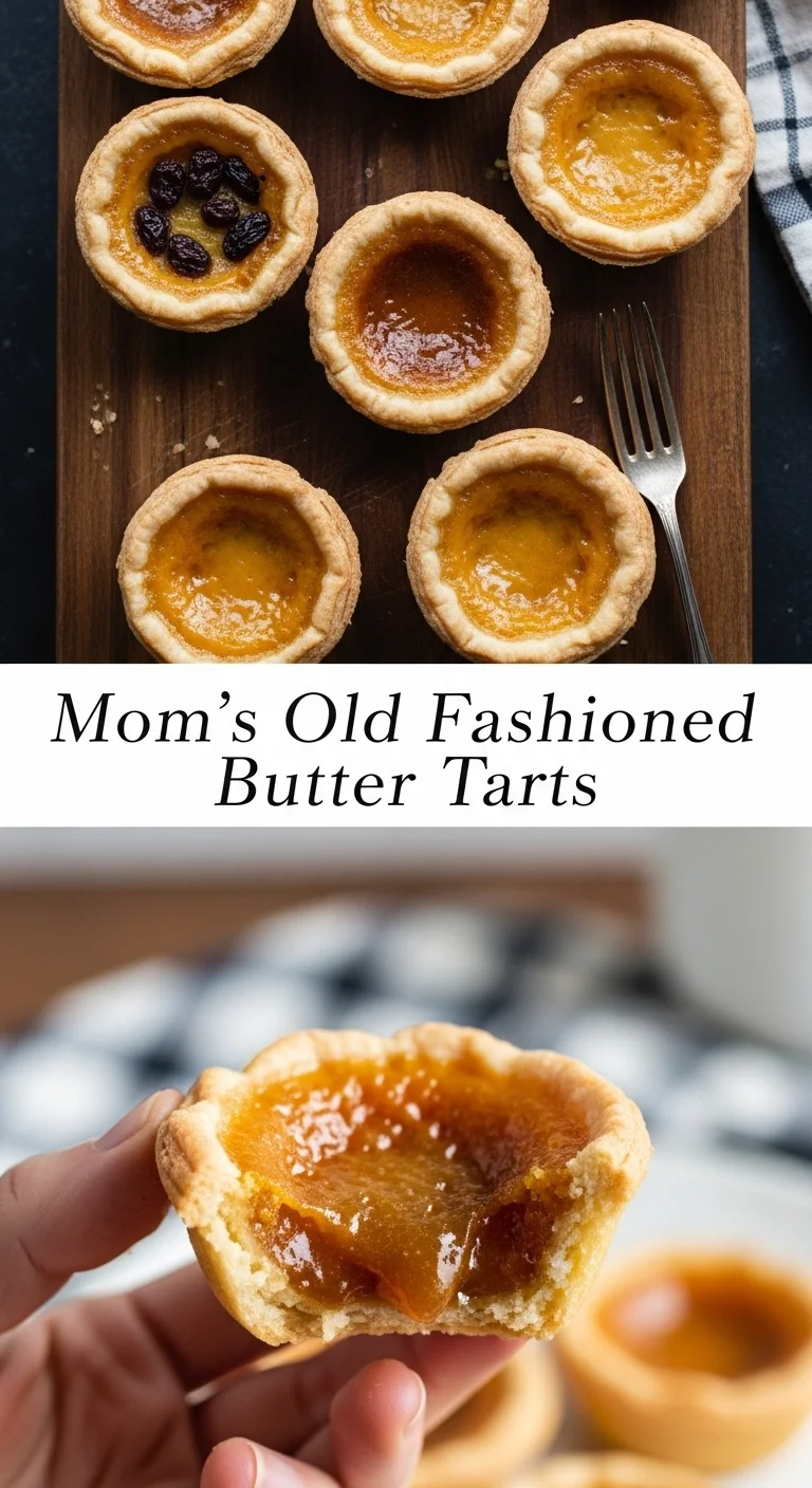 A vertical split layout pin image featuring two pictures of glistening Mom's Old Fashioned Butter Tarts, one with a flaky golden crust and gooey filling, and the other showing a close-up of the perfectly caramelized top. The main keyword 'Mom's Old Fashioned Butter Tarts' is prominently displayed in the center, inviting viewers to savor this classic family dessert.