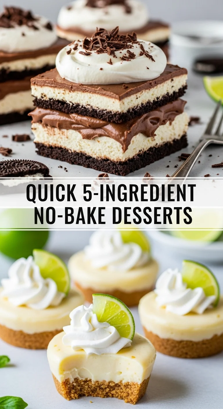 Vertical pin showing two delicious smartphone photos of a creamy berry no-bake cheesecake cup and a decadent chocolate peanut butter bar, with the text 'Quick 5-Ingredient No-Bake Desserts' prominently displayed in the center.