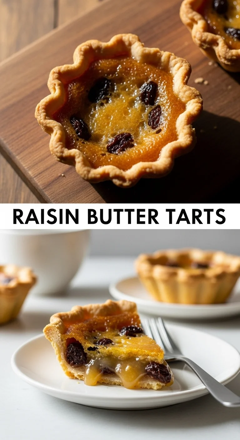 A visually appealing vertical split layout pin featuring two mouth-watering images of Raisin Butter Tarts. The top image showcases a close-up of a perfectly baked tart with a golden, slightly caramelized filling and plump raisins. The bottom image displays a trio of tarts on a rustic cooling rack, ready for a delightful treat. The main keyword 'Raisin Butter Tarts' is prominently centered between the two appetizing visuals, highlighting this irresistible dessert, perfect for any occasion.