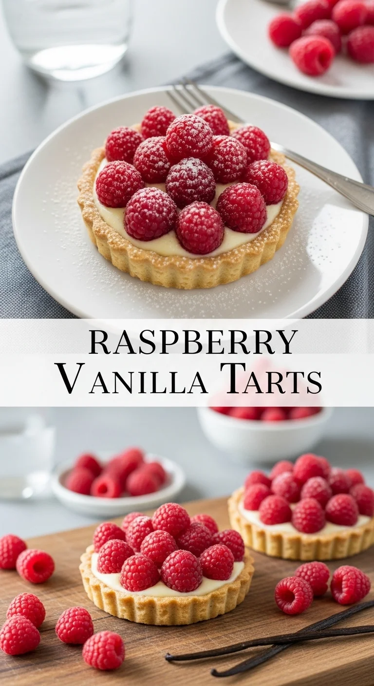A stunning vertical split layout featuring two images of delightful Raspberry Vanilla Tarts. The upper photo displays several perfectly baked tarts with golden crusts, brimming with glossy red raspberries and smooth vanilla cream. The lower photo offers an inviting close-up of a tart, highlighting its intricate texture. The main keyword 'Raspberry Vanilla Tarts' is elegantly centered, tying the composition together.