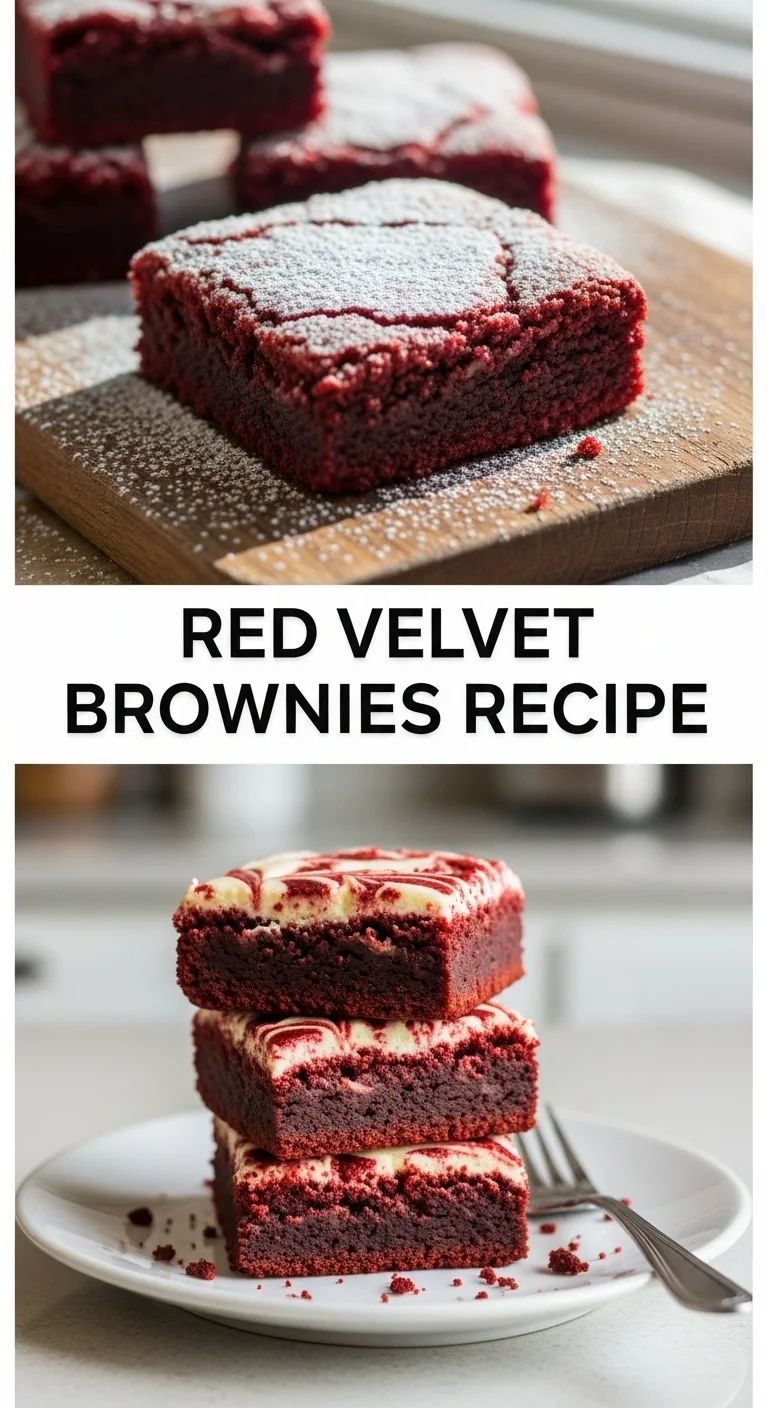 A vibrant vertical split layout featuring two mouth-watering images of Red Velvet Brownies. The top image displays a pan of freshly baked, rich red brownies with a luscious cream cheese swirl, while the bottom photo offers a close-up of a perfectly cut, fudgy brownie square. The main keyword 'Red Velvet Brownies Recipe' is boldly centered, showcasing an irresistible treat perfect for Valentine's Day.