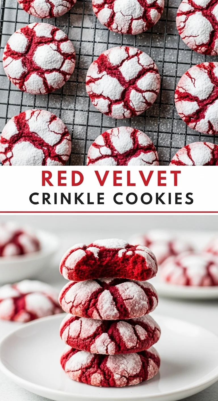 A vertical split layout containing two close-up pictures of delicious Red Velvet Crinkle Cookies. The cookies feature a vibrant red interior and a generous dusting of powdered sugar, with the main keyword 'Red Velvet Crinkle Cookies' prominently displayed in the center. Ideal for Valentine's Day baking.