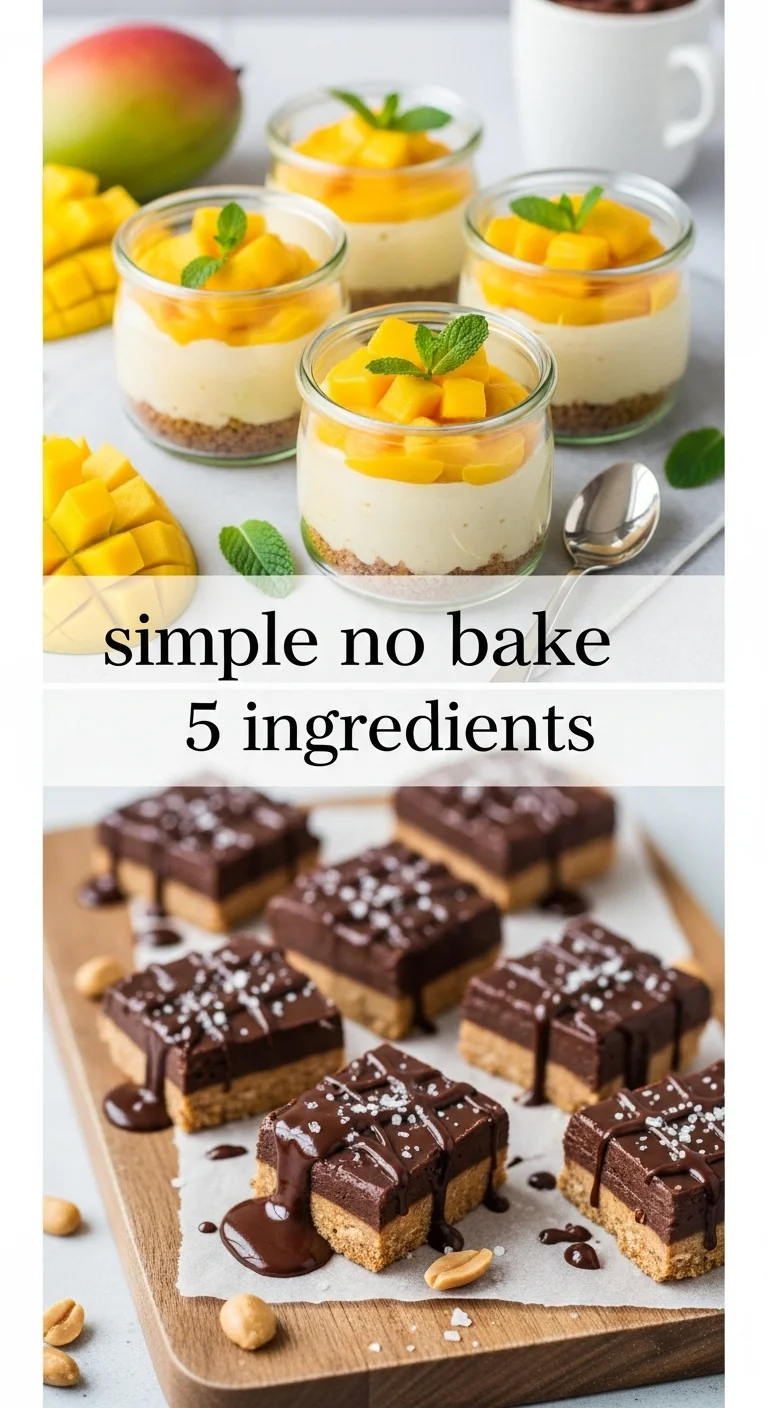 Vertical pin showing two delicious smartphone photos of a luscious chocolate dessert and a vibrant berry parfait, with the main keyword 'simple no bake recipes 5 ingredients' prominently displayed in the center.
