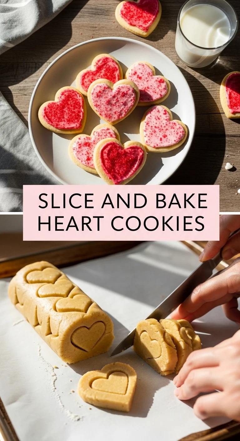A vertical split layout image featuring two delicious views of Slice and Bake Heart Cookies, with the text 'Slice and Bake Heart Cookies' centrally placed. One section shows freshly baked, perfectly formed heart cookies, some decorated with festive sprinkles. The other displays the raw cookie dough log, revealing a vibrant red heart shape ready to be sliced, perfect for Valentine's Day baking.