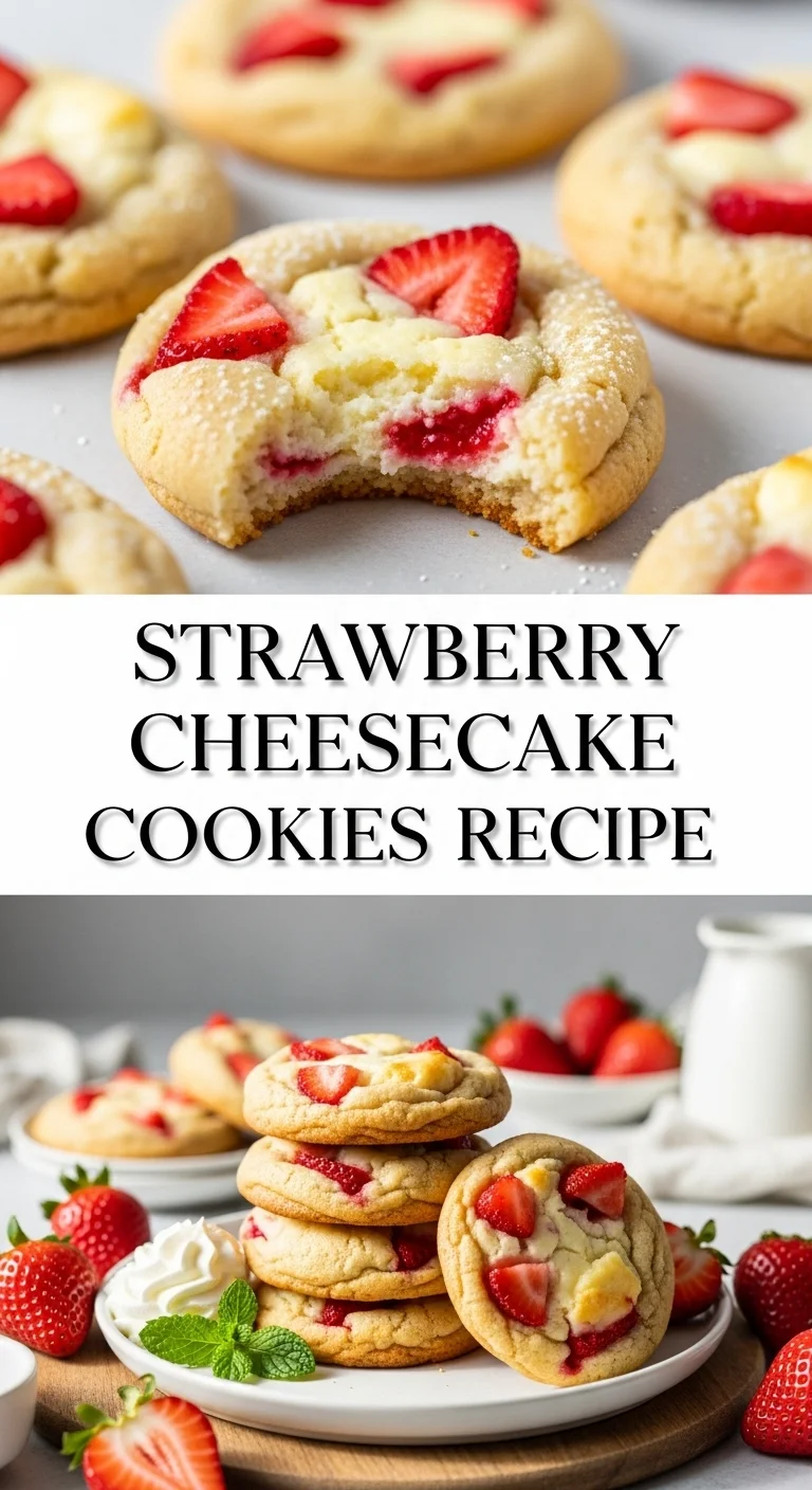 A visually appealing vertical split layout pin. The top image showcases freshly baked, soft Strawberry Cheesecake Cookies, glistening with a creamy cheesecake swirl and fresh strawberry bits. The bottom image features a close-up of a broken cookie, revealing its tender, flavorful interior. The text 'Strawberry Cheesecake Cookies Recipe' is prominently displayed in the center, inviting bakers to create this delightful treat for Valentine's Day.