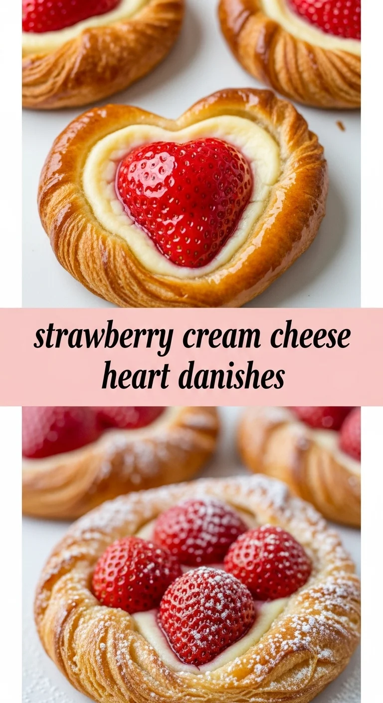 A visually appealing vertical split layout containing two pictures of freshly baked Strawberry Cream Cheese Heart Danishes. The pastries are golden brown with a luscious pink strawberry and creamy white cream cheese filling, shaped like hearts, perfect for Valentine's Day. The main keyword 'strawberry cream cheese heart danishes' is prominently displayed in the center.