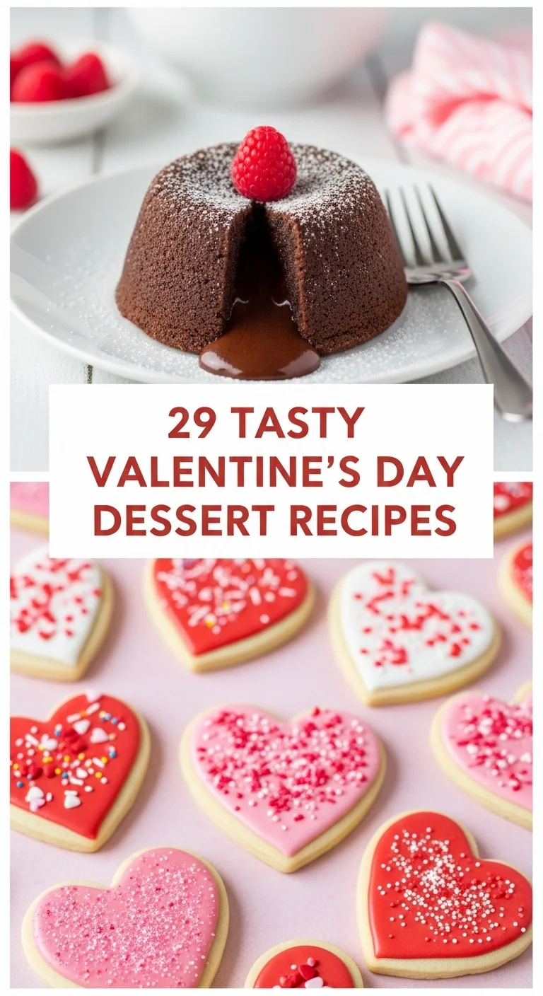 A vertical split layout image. The top half shows a luscious chocolate-covered strawberry tart, while the bottom half features elegant raspberry macarons. Centered in white text over the division is '29 TASTY VALENTINE'S DAY DESSERT RECIPES', highlighting delicious options for Valentine's Day.