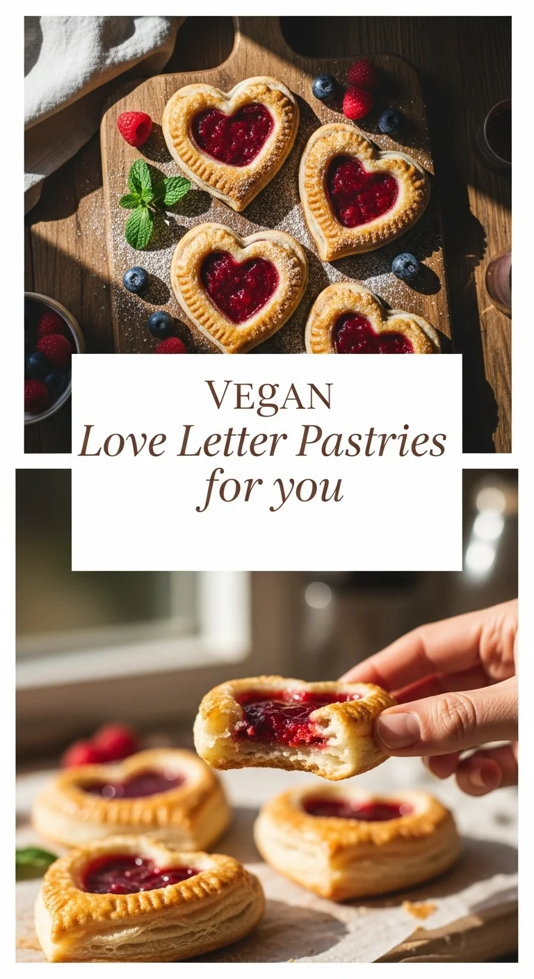 A captivating vertical split layout showcasing two mouth-watering pictures of Vegan Love Letter Pastries for you. The center features the text 'Vegan Love Letter Pastries for you'. These golden, flaky pastries, filled with sweet jam, are perfectly crimped and dusted with powdered sugar, ideal for Valentine’s Day.