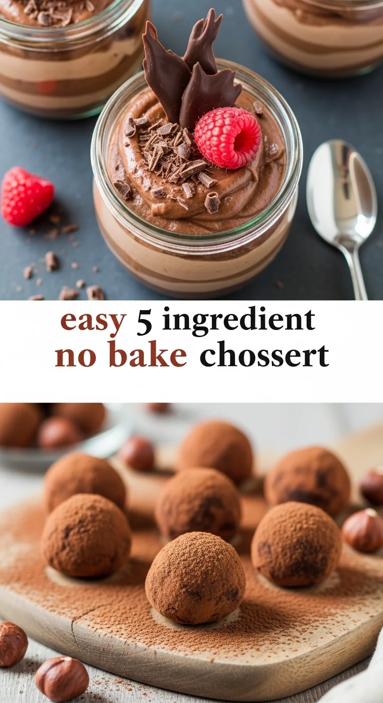Vertical pin showing two delicious smartphone photos of rich chocolate fudge squares and creamy chocolate peanut butter cups, with the text 'easy 5 ingredient no bake chocolate dessert' boldly displayed in the center.