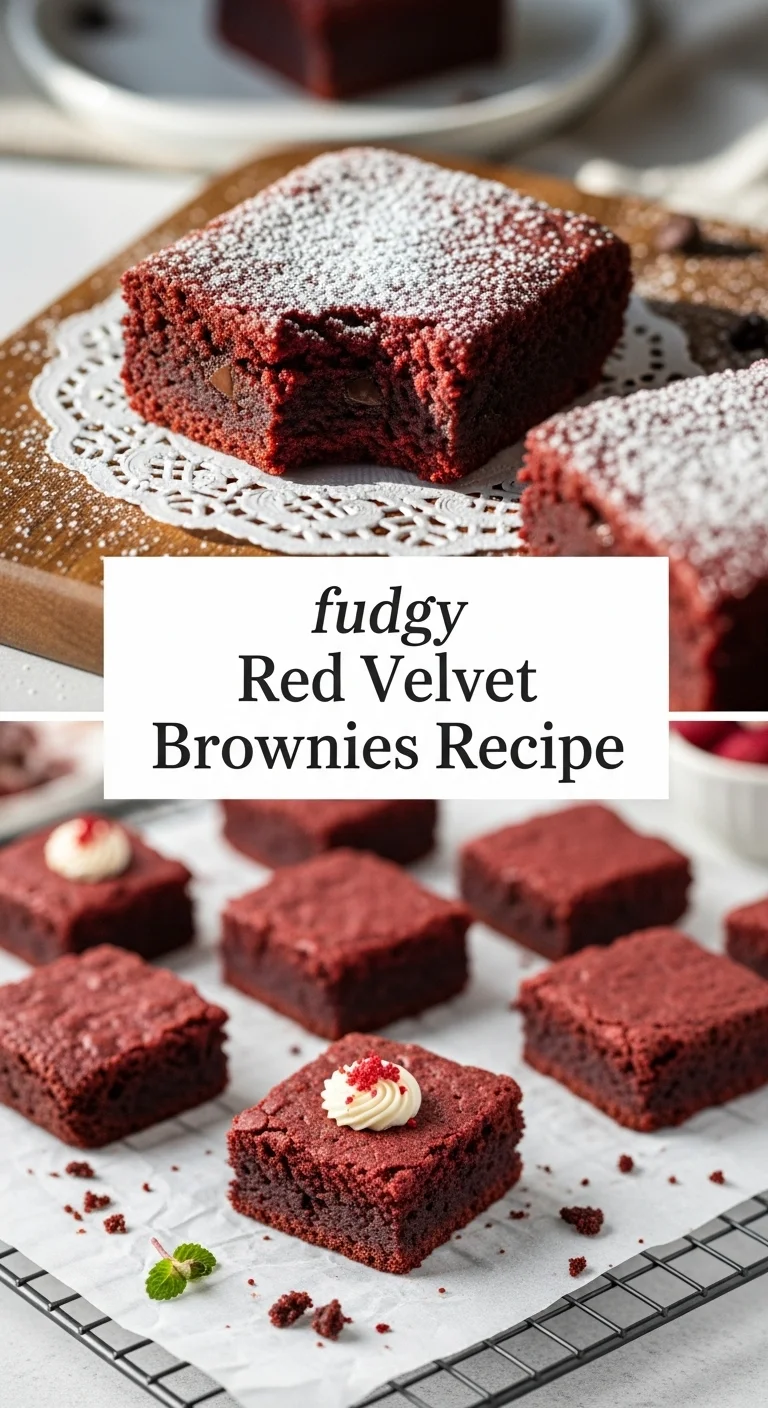 A vertical split layout pin image. On top, perfectly baked fudgy Red Velvet Brownies are stacked, showcasing their deep red hue and tender, moist interiors, sprinkled with a touch of powdered sugar. Below, a close-up shot reveals the dense, chocolatey texture of a single brownie square. The main keyword 'fudgy Red Velvet Brownies Recipe' is centered between the two images, ideal for Valentine's Day dessert ideas.