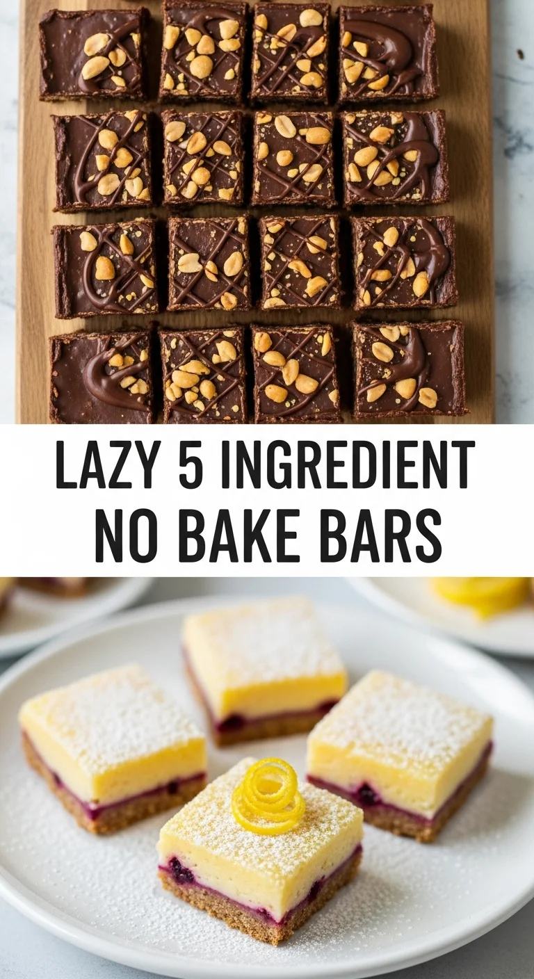 Vertical pin showing two delicious smartphone photos of gooey chocolate peanut butter squares and chewy granola bars with the text 'lazy 5 ingredient no bake bars' in the center. These irresistible lazy 5 ingredient no bake bars are perfect for a quick dessert!