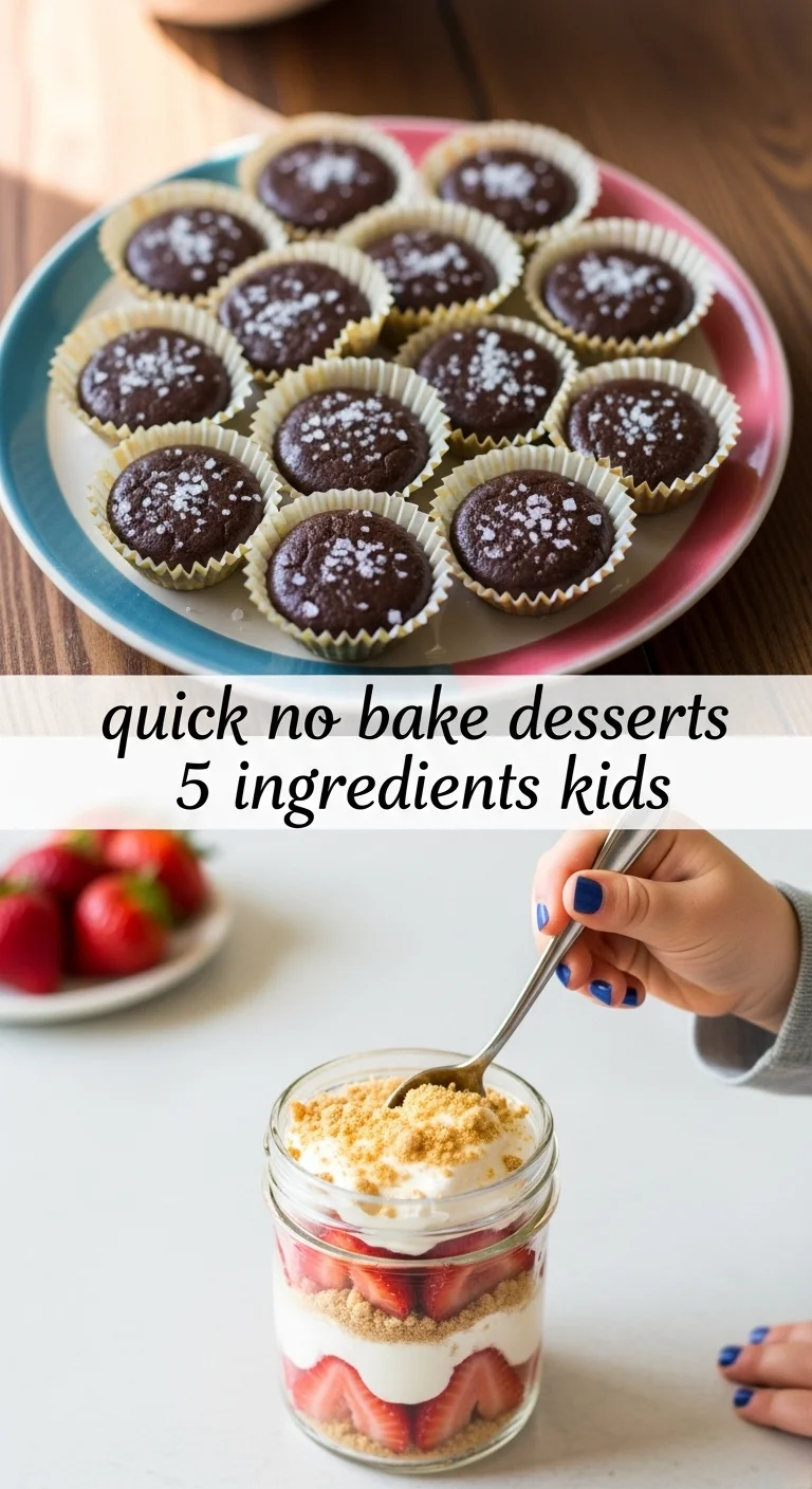 Vertical pin showing two delicious smartphone photos of vibrant berry parfaits layered with cream and decadent chocolate peanut butter cups, with the main keyword 'quick no bake desserts 5 ingredients kids' displayed prominently in the center.