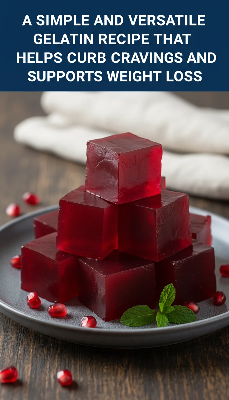 A vertical 9:16 layout. The top section contains the main keyword 'A SIMPLE AND VERSATILE GELATIN RECIPE THAT HELPS CURB CRAVINGS AND SUPPORTS WEIGHT LOSS' in a bold, professional font. The bottom section is a high-quality hero shot of the final plated bariatric gelatin recipe.