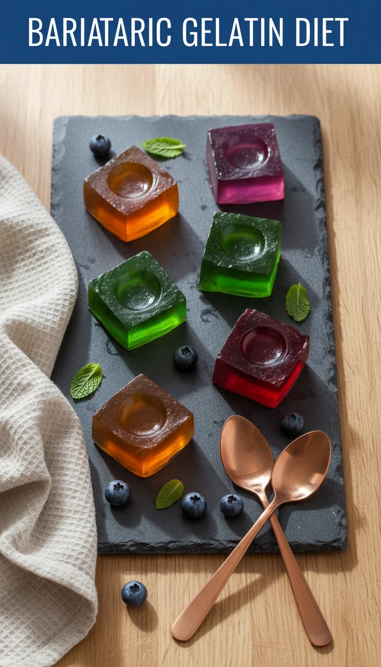 A vertical 9:16 layout. The top section contains 'BARIATRIC GELATIN DIET' in a bold, professional font. The bottom section is a high-quality hero shot of a plated bariatric gelatin recipe.