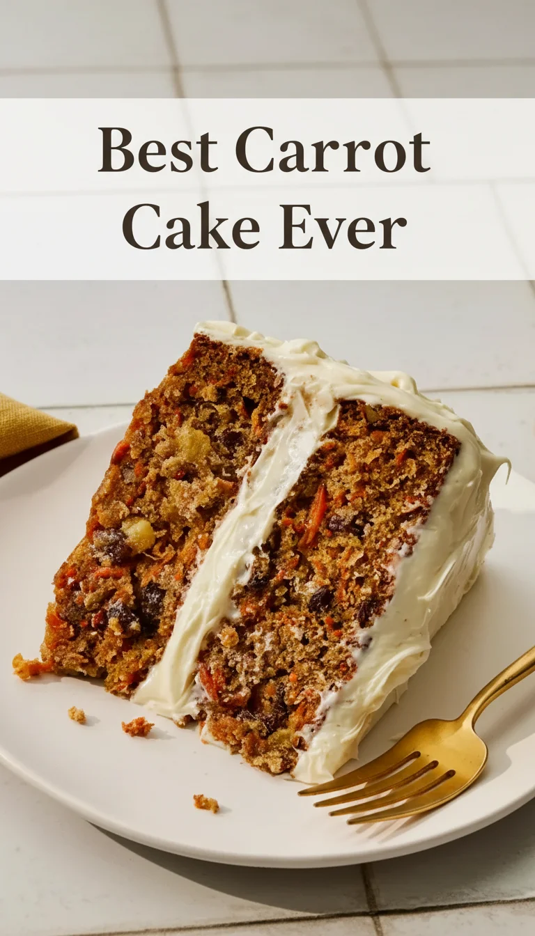 A vertical split layout containing two pictures with the main keyword 'Best Carrot Cake Ever' in the center. The images showcase a moist, spiced cake topped with velvety frosting for a nostalgic treat.