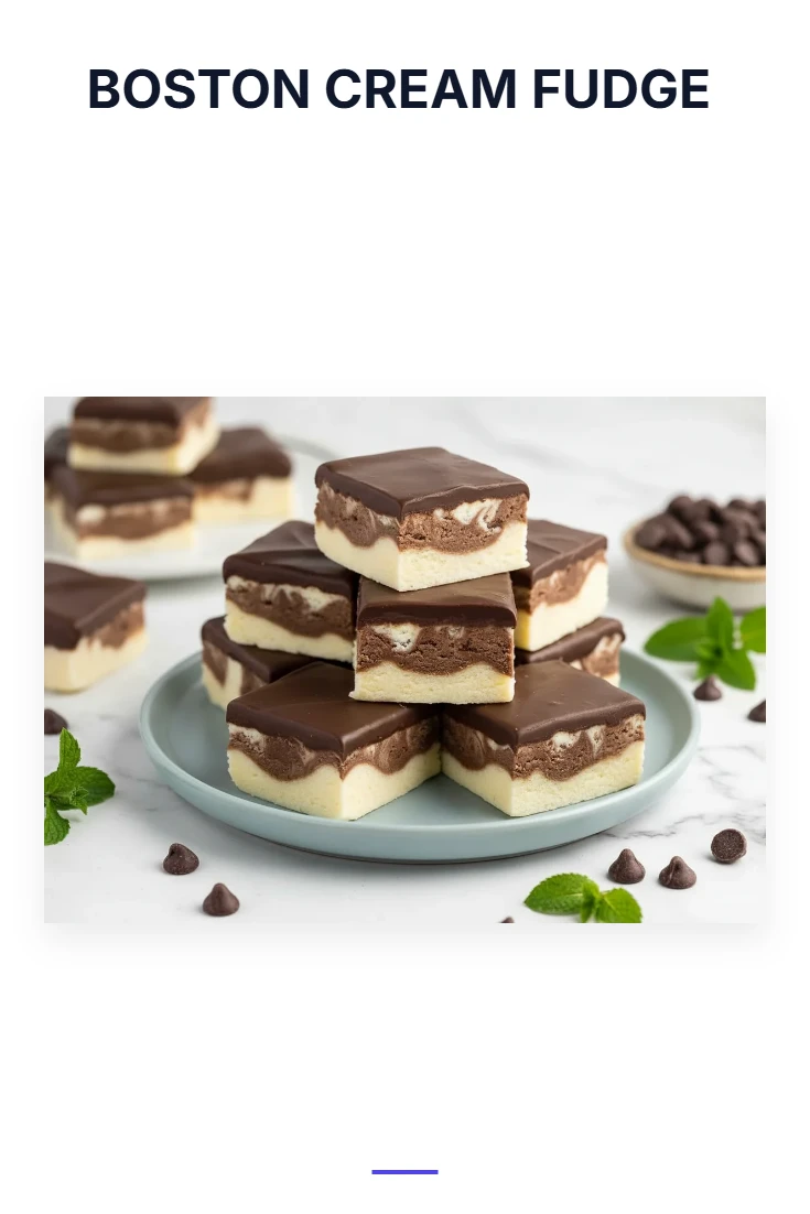 A unified vertical template with Boston Cream Fudge text at the top and a feature image below showing smooth vanilla and chocolate layers of fudge for a March Madness feast.