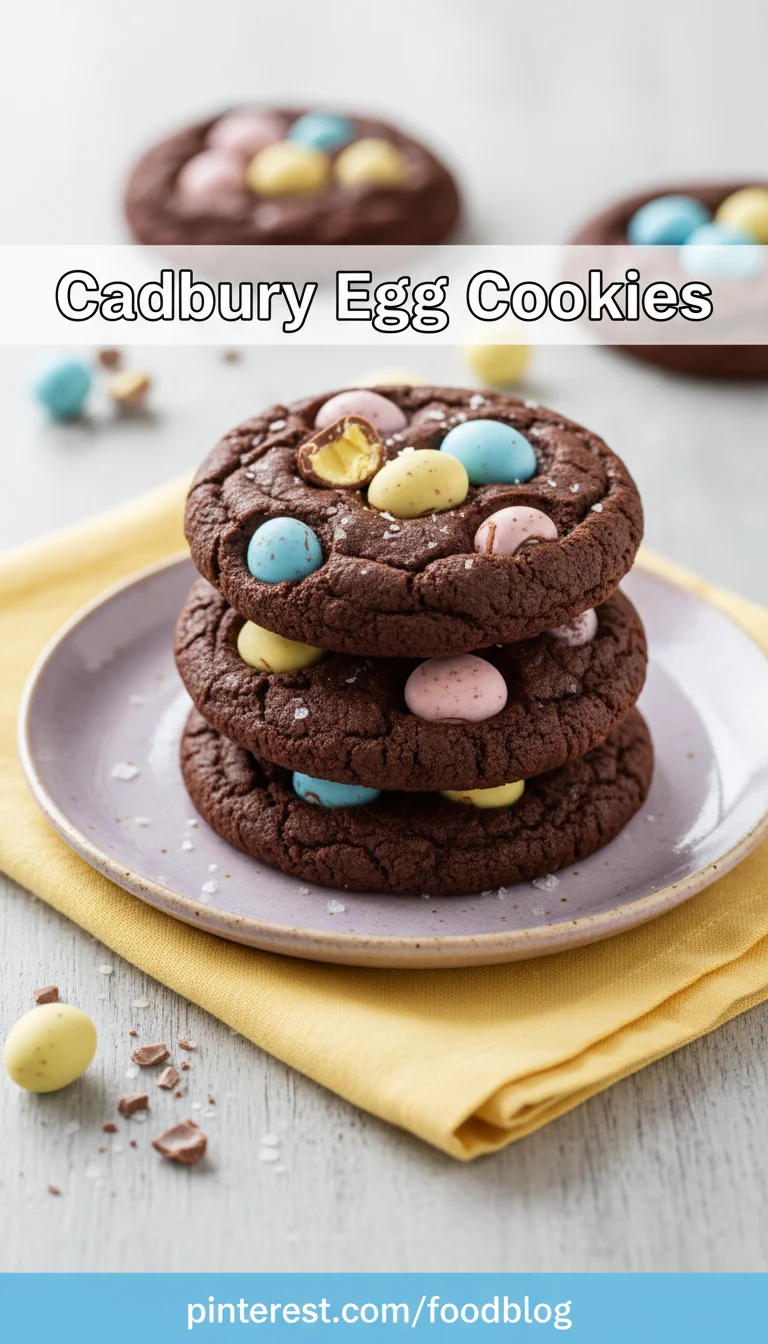 A vertical 9:16 split-screen Pinterest template for the Easter season. The top half captures the action of preparing Cadbury Egg Cookies, while the bottom shows the exquisite final result. A white center box reads 'Cadbury Egg Cookies'.