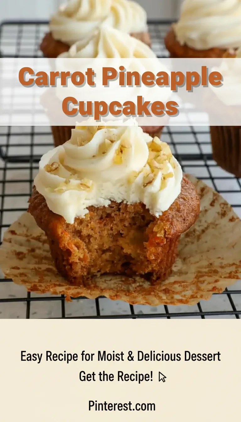 A vertical split layout image featuring two photos of moist Carrot Pineapple Cupcakes topped with swirls of frosting. The main keyword Carrot Pineapple Cupcakes is displayed in the center.