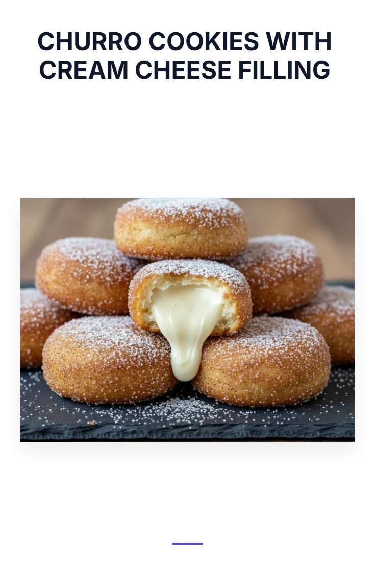A vertical Pinterest graphic with the title Churro Cookies with Cream Cheese Filling at the top. Below, a tempting photo shows golden cinnamon-sugar cookies with a lush cream cheese center, ready for March Madness.