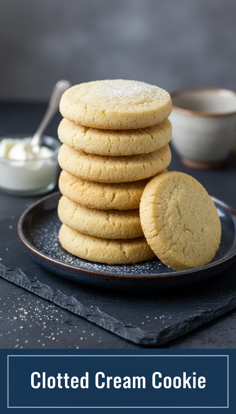 A vertical 9:16 split-screen layout. The top half shows an action shot of the dough preparation for Clotted Cream Cookie. The bottom half displays the beautifully plated final cookies. In the exact center, a clean white rectangular text box with a simple border contains the text 'Clotted Cream Cookie' in a bold, professional font.