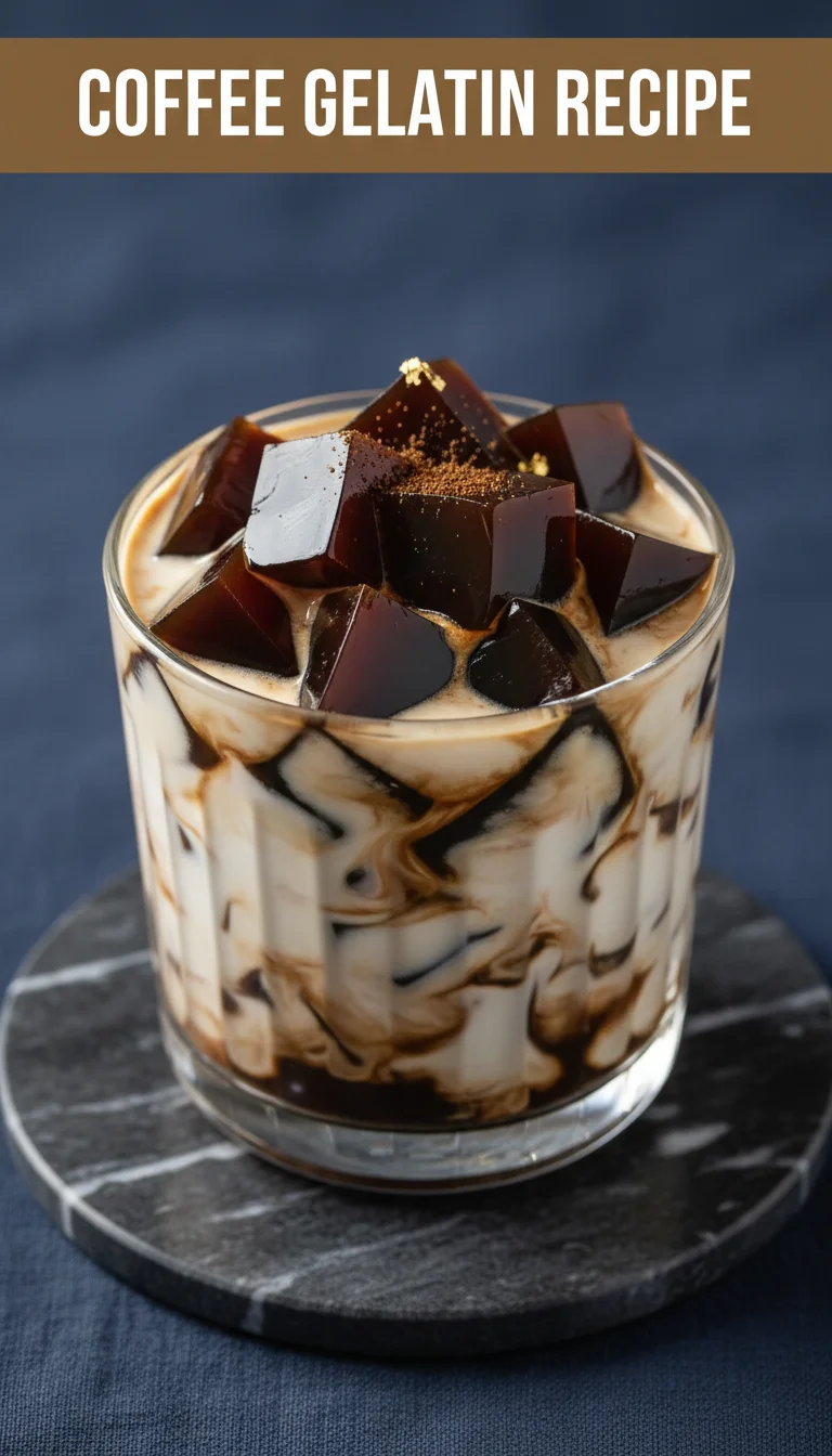 A vertical 9:16 Pinterest pin layout. The top section features the bold text 'COFFEE GELATIN RECIPE' on a clean background. The bottom section displays a professional hero shot of a beautifully plated coffee gelatin, a perfect bariatric gelatin recipe.