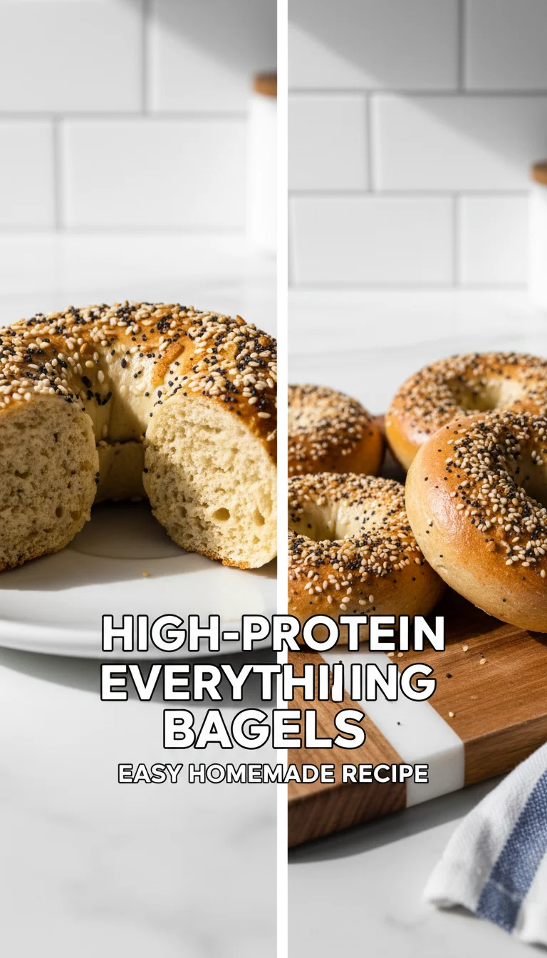 A vertical split layout containing two pictures with the main keyword 'Easy High Protein Bagels' in the center. The top photo shows a basket of warm, golden protein bagels, and the bottom shows a sliced bagel with a creamy spread, looking realistic and appetizing.