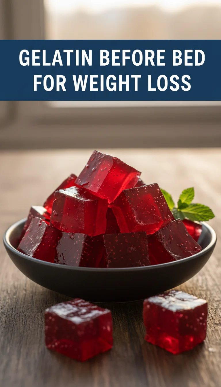 A vertical 9:16 layout featuring the title GELATIN BEFORE BED FOR WEIGHT LOSS in bold professional font at the top, and a high-quality hero shot of a plated bariatric gelatin recipe at the bottom.