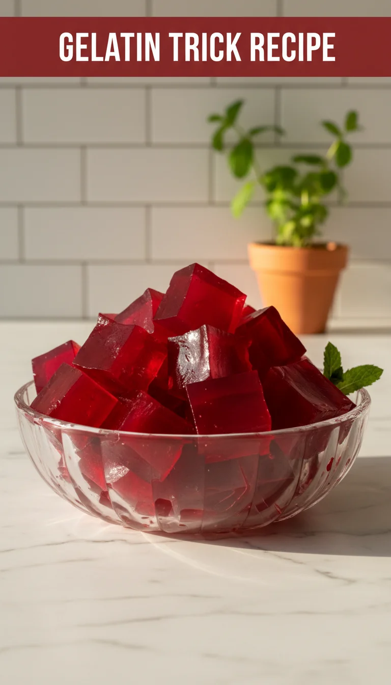 A vertical 9:16 layout with the text 'GELATIN TRICK RECIPE' in a bold font at the top. The bottom section displays a high-quality, professional hero shot of a plated bariatric gelatin recipe.