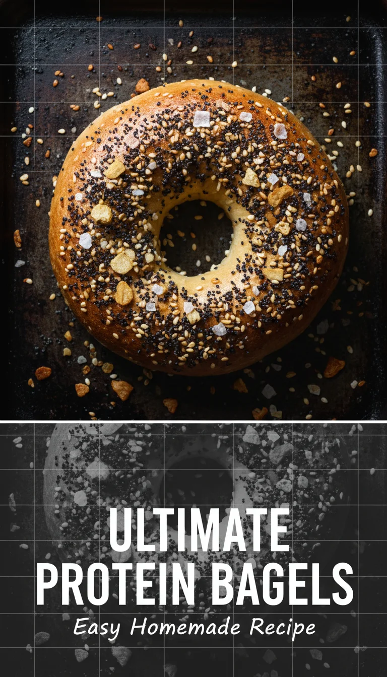 A vertical split layout containing two pictures with the main keyword 'High Protein Greek Yogurt Bagels' in the center. The top image shows freshly baked protein bagels with a golden crust, while the bottom displays a soft, airy bagel split in half, ready for your favorite healthy toppings.