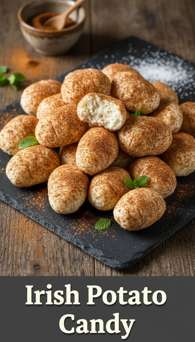 A vertical 9:16 layout with a clean solid header band at the top containing the text 'IRISH POTATO CANDY' in a bold font. The bottom 80% features a high-quality professional hero shot of Irish Potato Candy.