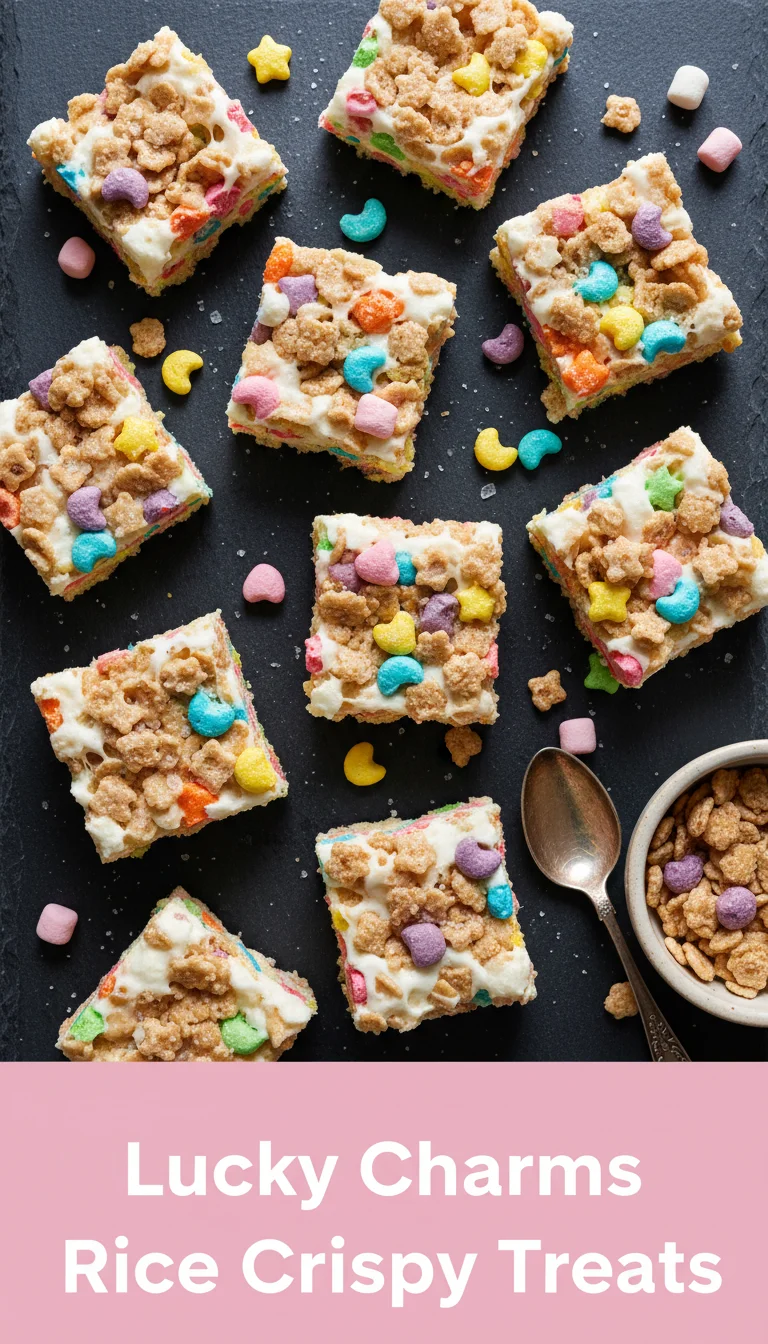 A vertical 9:16 split-screen design. The top half shows an action shot of gooey marshmallow being mixed into Lucky Charms Rice Crispy Treats. The bottom half shows the plated cereal bars. In the center is a white box with bold text.