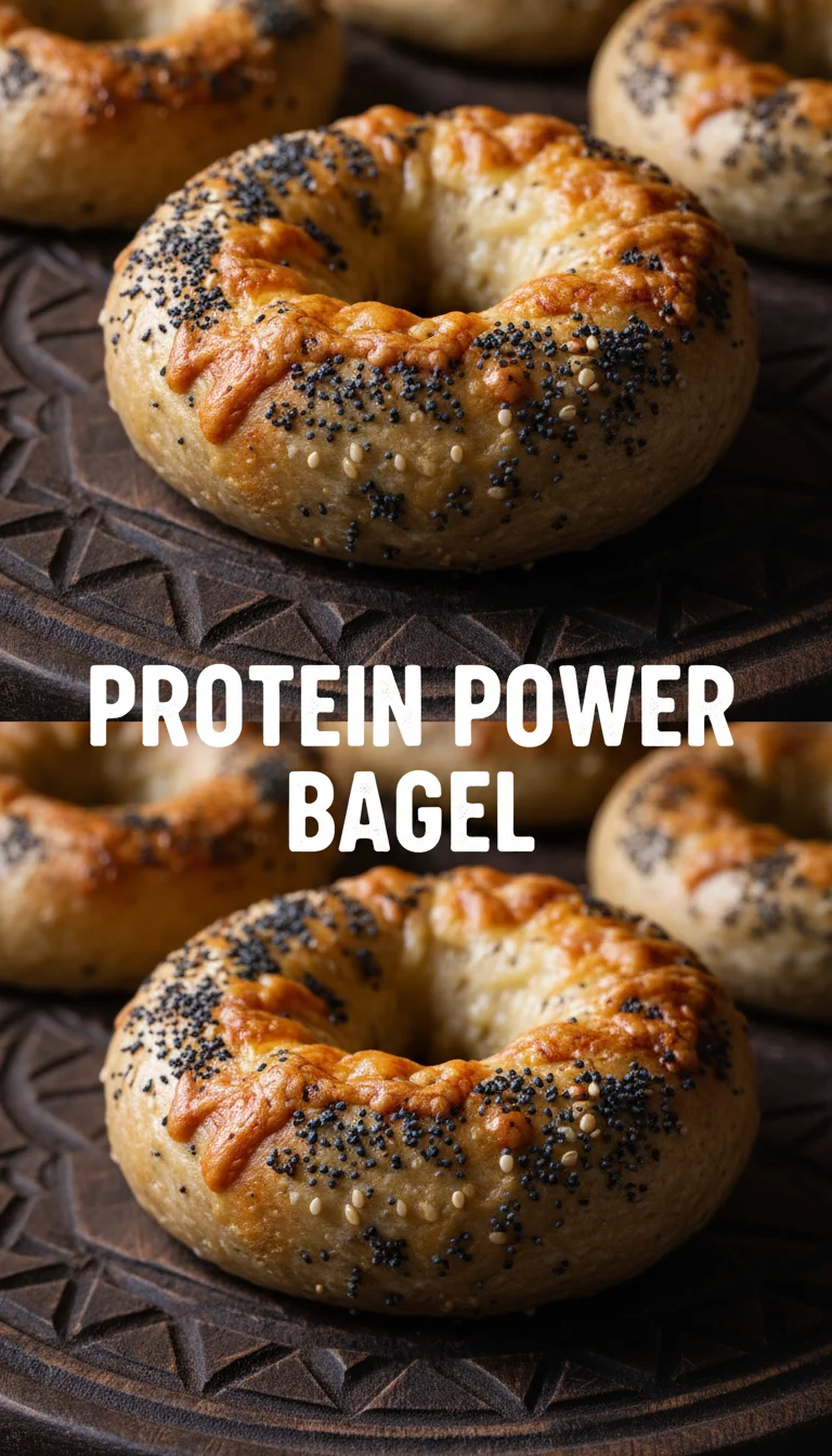 A vertical split layout containing two pictures of freshly baked, golden protein bagels with the main keyword 'Protein Bagel' in the center. These protein bagels look delightfully chewy and toasted.