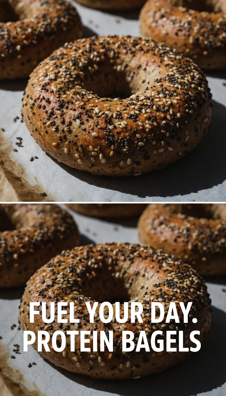 A vertical split layout containing two pictures of golden, freshly baked protein bagels with the main keyword 'Protein Bagels Recipe' in the center, looking soft and delicious.